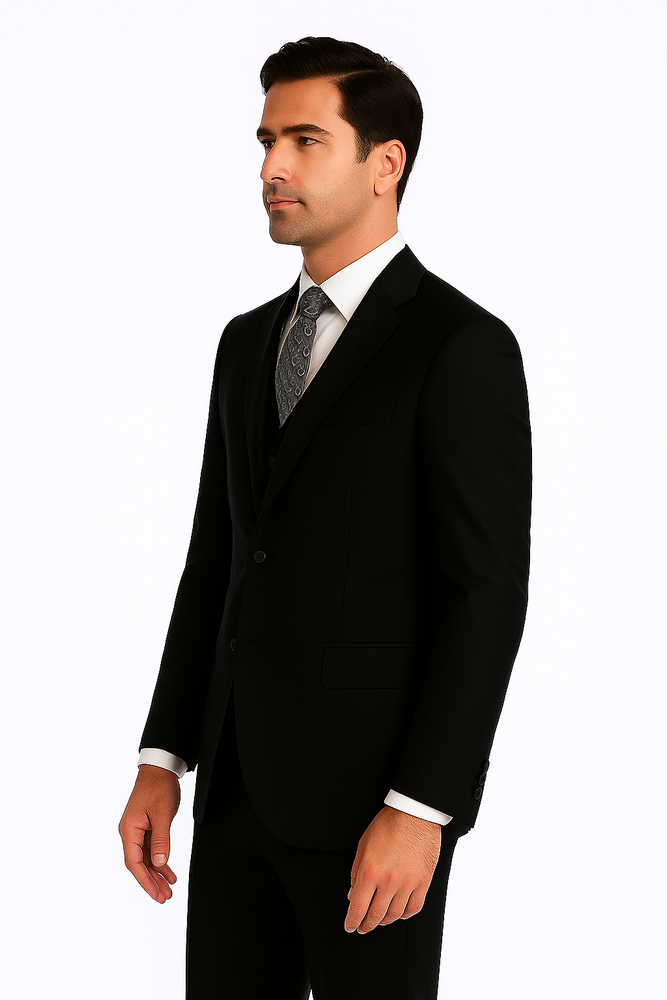 Men's 2 Black Wool three piece suit with Pleated Trousers