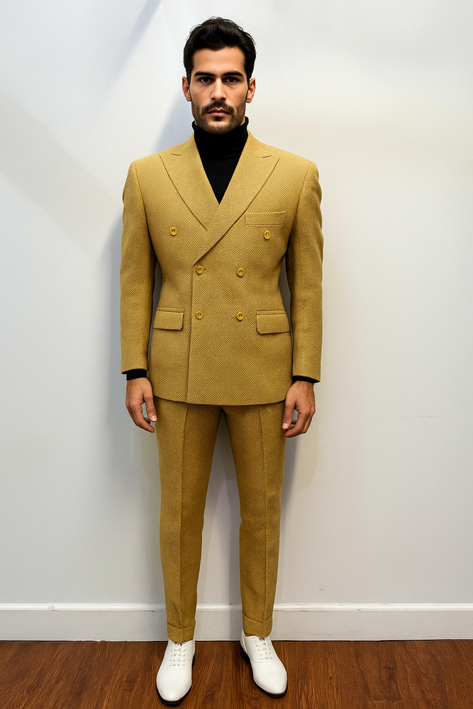 Mens Gold Double Breasted Suit - 1920s Style Camel Color Suit