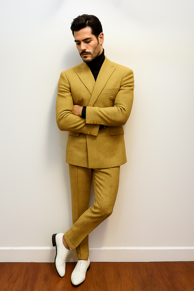 Mens Gold Double Breasted Suit - 1920s Style Camel Color Suit