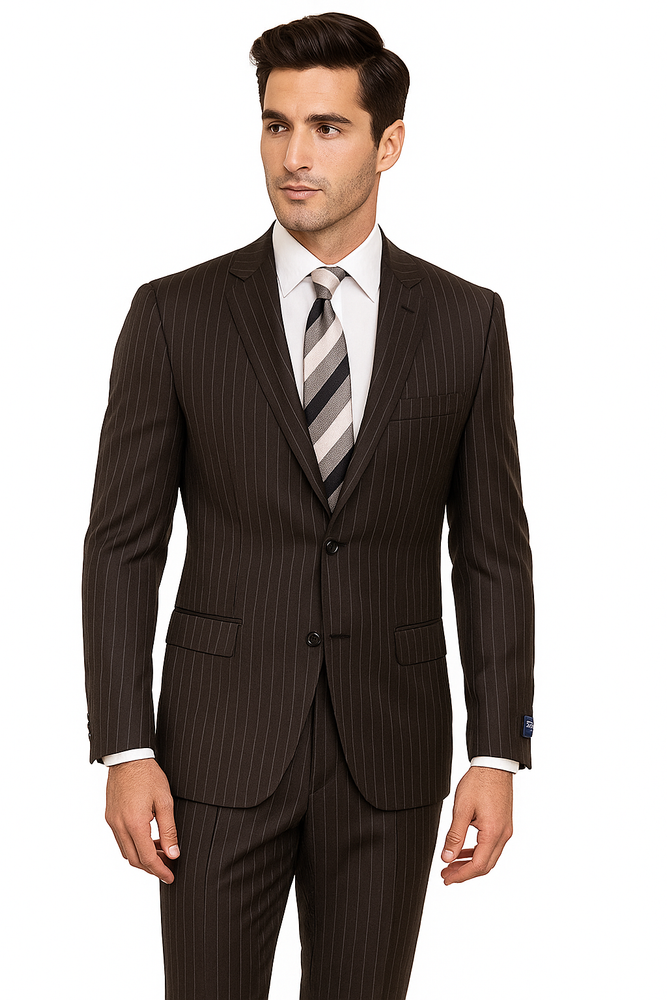 Designer Affordable Inexpensive Men's Classic Wool Pinstripe Black Suit Flat Front Pant
