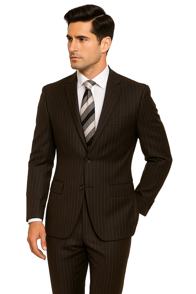 Designer Affordable Inexpensive Men's Classic Wool Pinstripe Black Suit Flat Front Pant