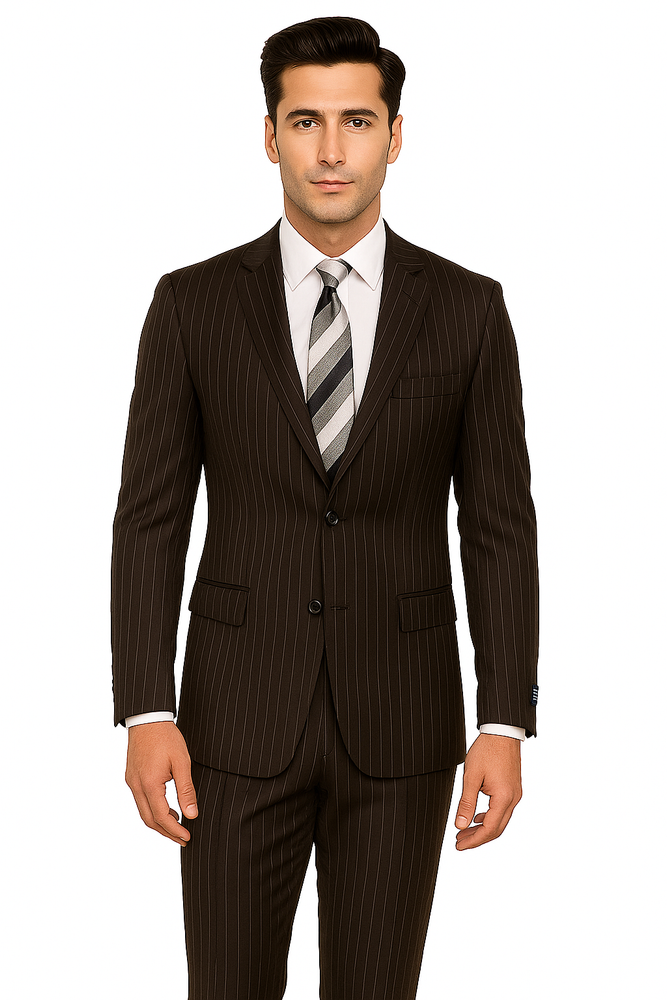 Designer Affordable Inexpensive Men's Classic Wool Pinstripe Black Suit Flat Front Pant