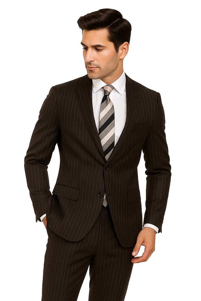 Designer Affordable Inexpensive Men's Classic Wool Pinstripe Black Suit Flat Front Pant