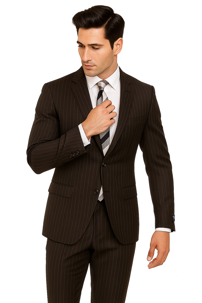 Designer Affordable Inexpensive Men's Classic Wool Pinstripe Black Suit Flat Front Pant