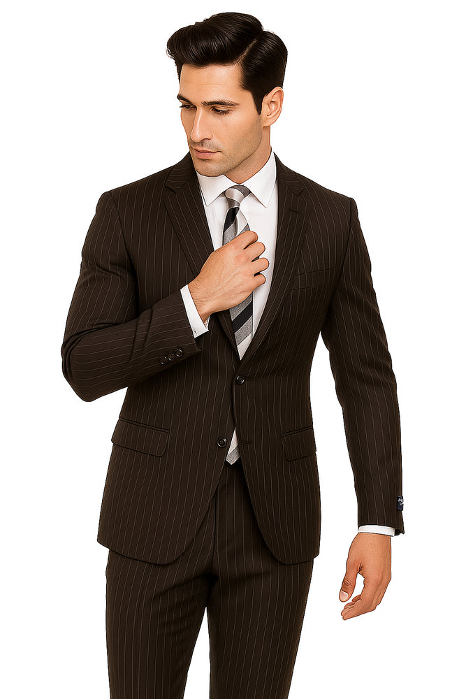 Designer Affordable Inexpensive Men's Classic Wool Pinstripe Black Suit Flat Front Pant