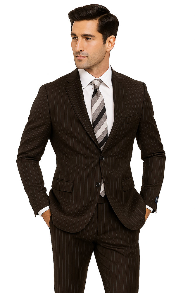Designer Affordable Inexpensive Men's Classic Wool Pinstripe Black Suit Flat Front Pant