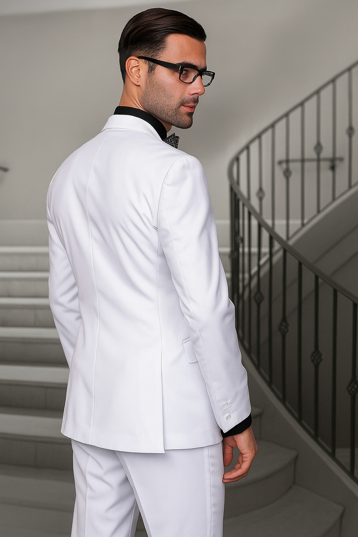 Mens 2 Button Modern Fit Vested Wool Suit in White