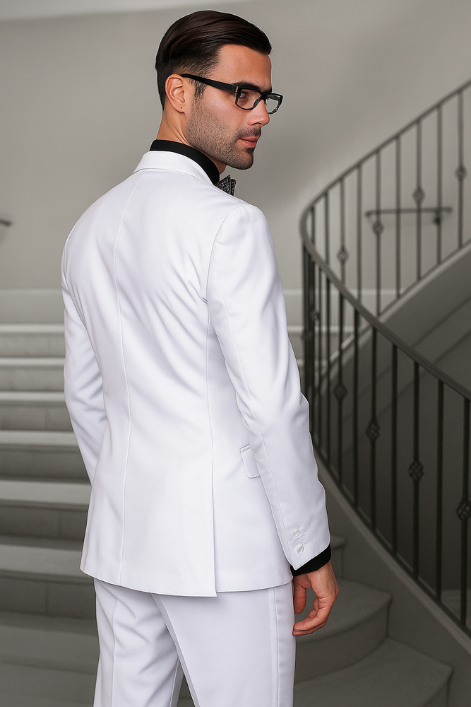 Mens 2 Button Modern Fit Vested Wool Suit in White