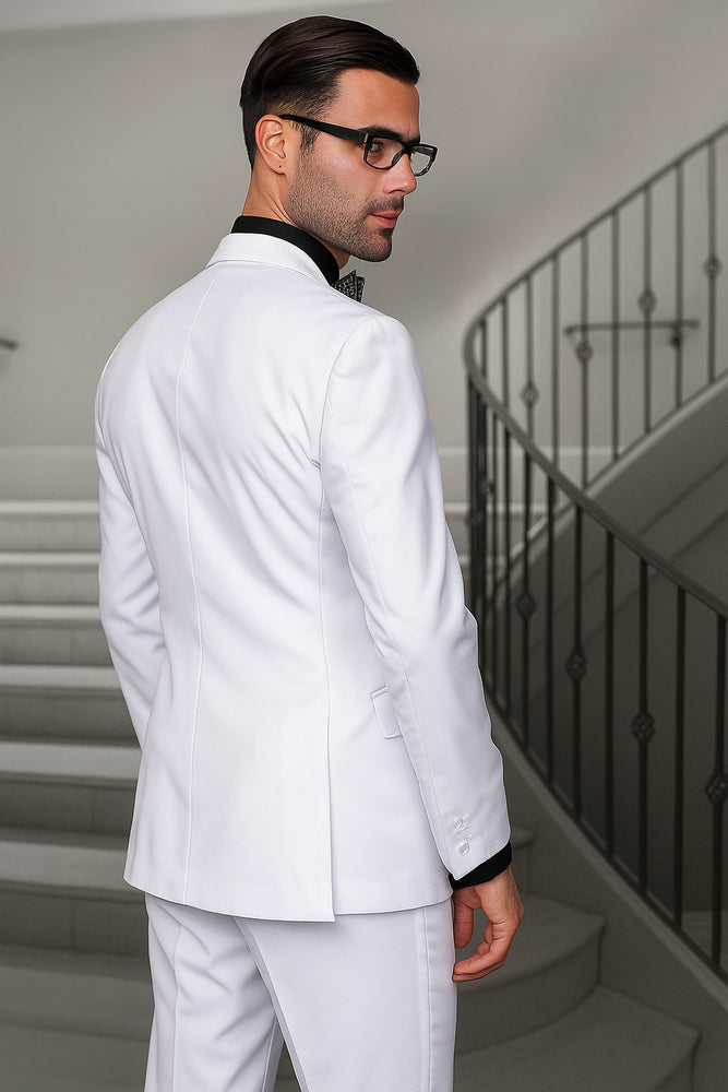 Mens 2 Button Modern Fit Vested Wool Suit in White