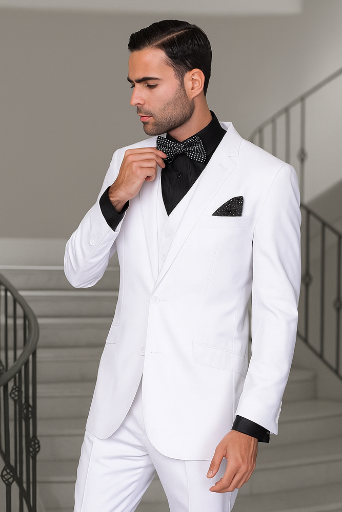 Mens 2 Button Modern Fit Vested Wool Suit in White