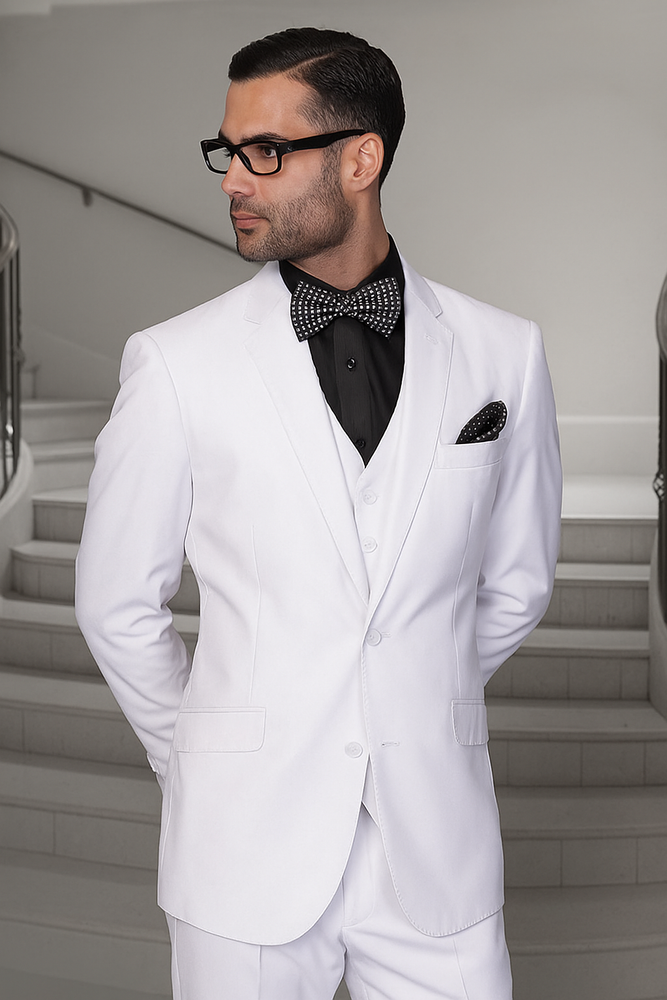 Mens 2 Button Modern Fit Vested Wool Suit in White
