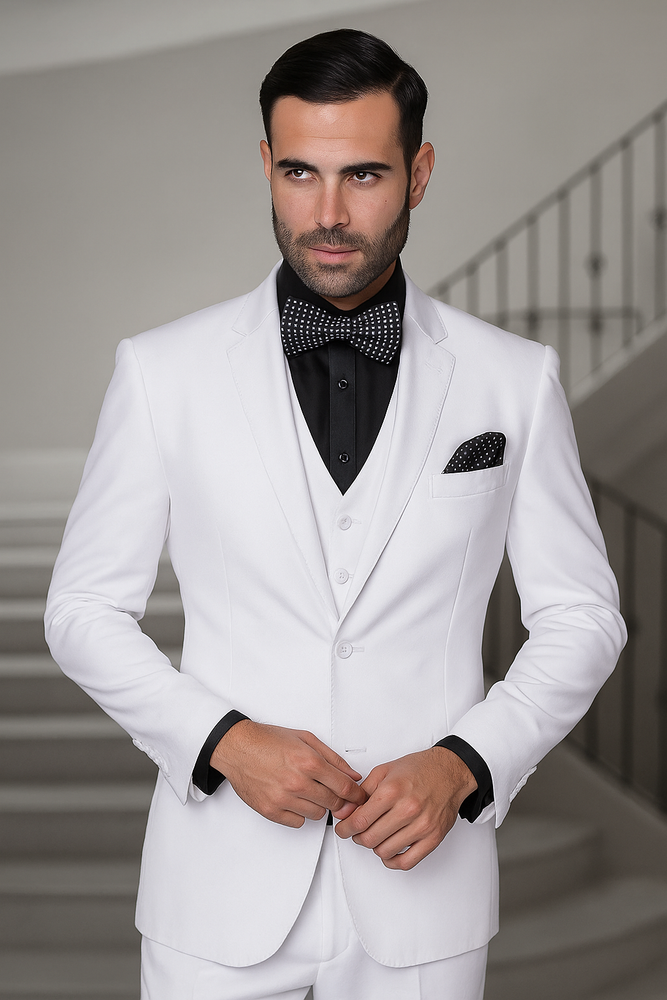 Mens 2 Button Modern Fit Vested Wool Suit in White