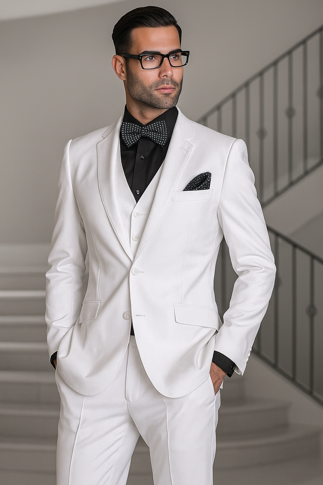Mens 2 Button Modern Fit Vested Wool Suit in White