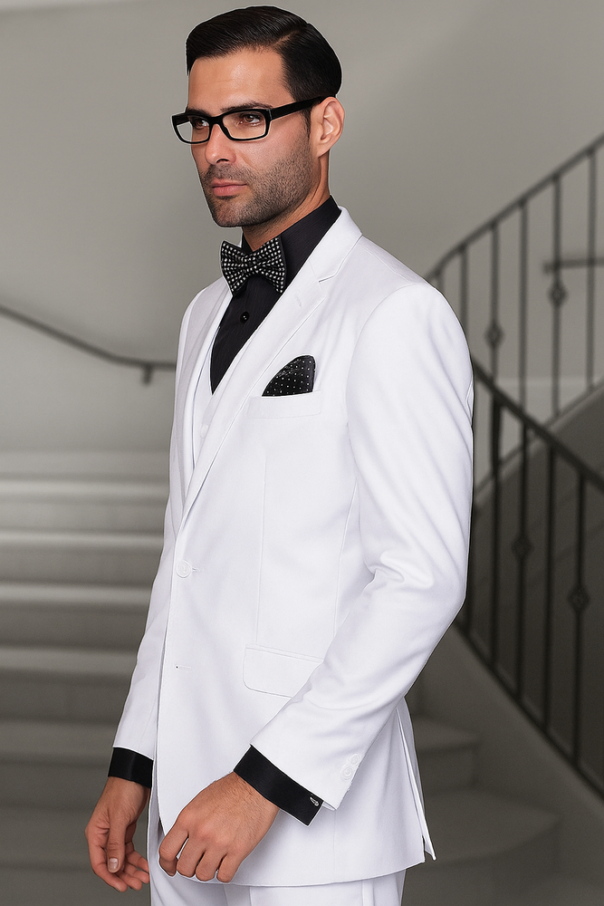 Mens 2 Button Modern Fit Vested Wool Suit in White
