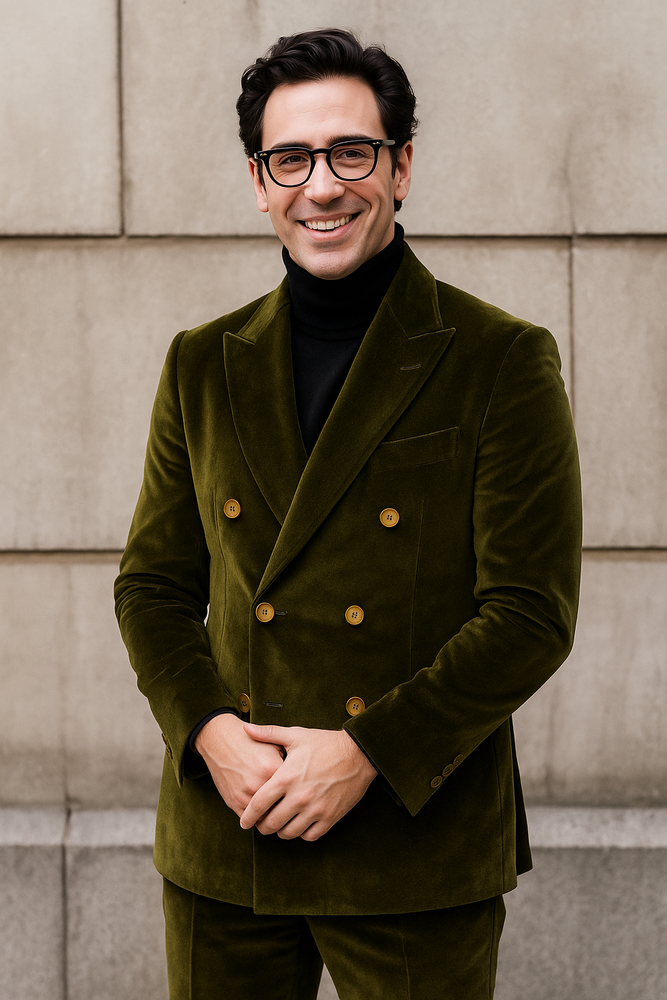 Mens Double Breasted Suits Slim Fitted - Velvet Suit - Winter Fabric Olive Suit