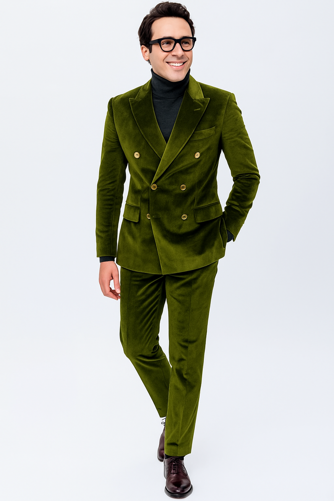 Mens Double Breasted Suits Slim Fitted - Velvet Suit - Winter Fabric Olive Suit