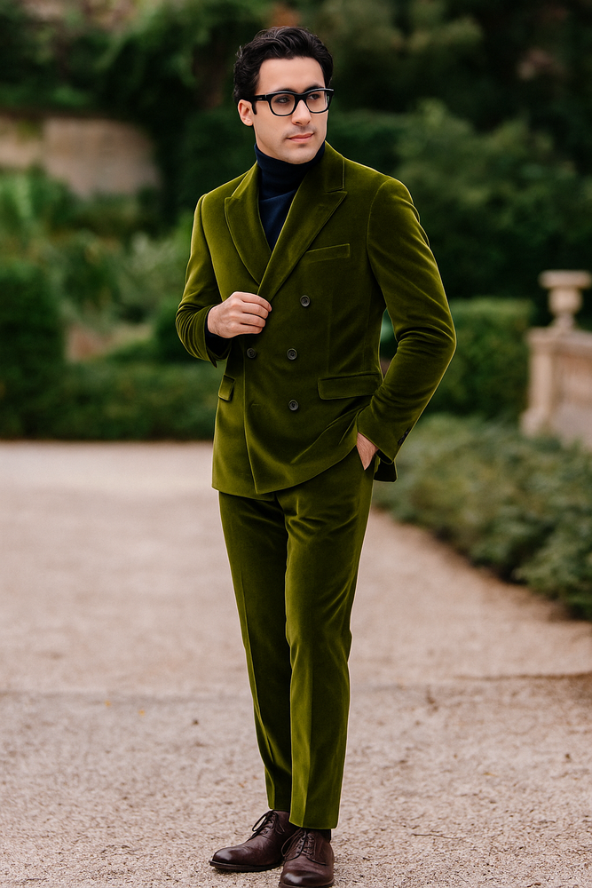 Mens Double Breasted Suits Slim Fitted - Velvet Suit - Winter Fabric Olive Suit