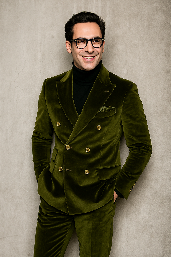 Mens Double Breasted Suits Slim Fitted - Velvet Suit - Winter Fabric Olive Suit