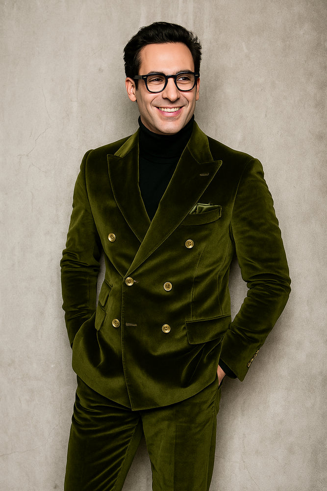 Mens Double Breasted Suits Slim Fitted - Velvet Suit - Winter Fabric Olive Suit
