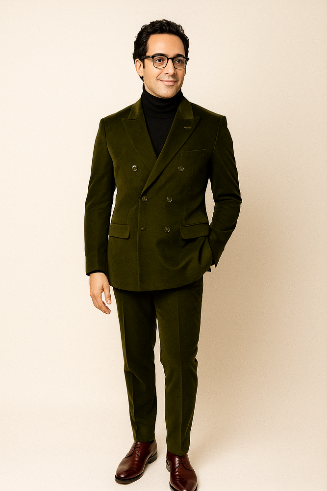Mens Double Breasted Suits Slim Fitted - Velvet Suit - Winter Fabric Olive Suit