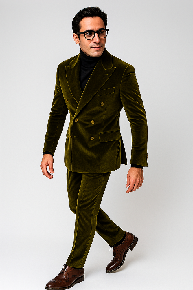 Mens Double Breasted Suits Slim Fitted - Velvet Suit - Winter Fabric Olive Suit