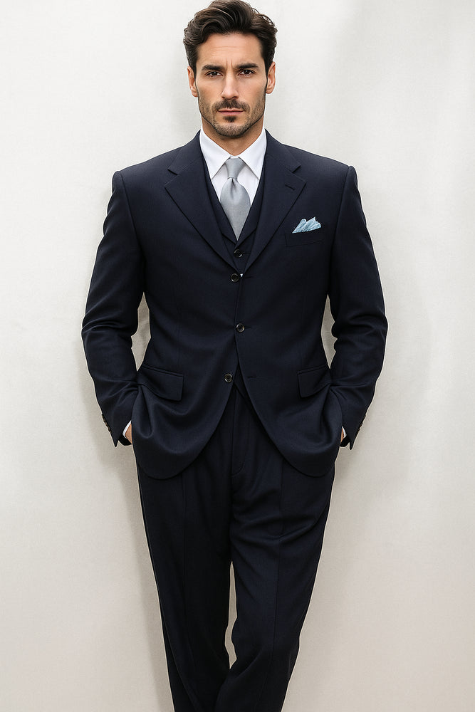Tsk6 Darkest Dark Navy Blue Suit For Men Wool 3 Buttons Style premier quality italian fabric Men's Suits LIQUID NAVY BLUE