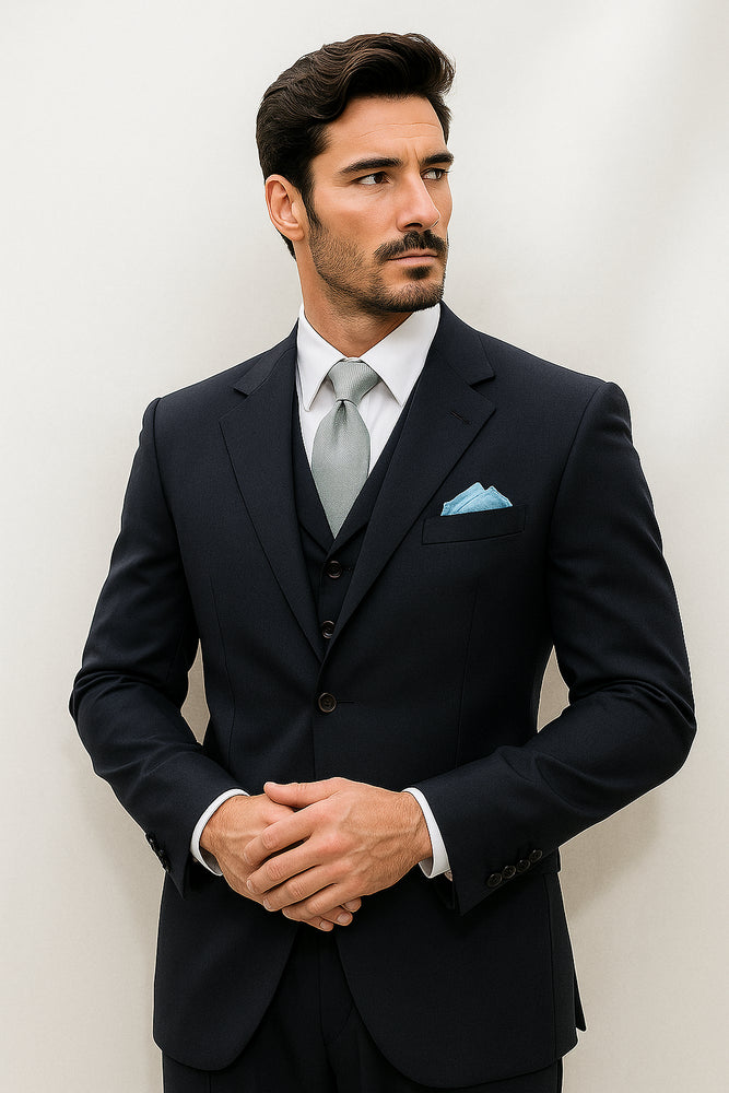 Tsk6 Darkest Dark Navy Blue Suit For Men Wool 3 Buttons Style premier quality italian fabric Men's Suits LIQUID NAVY BLUE
