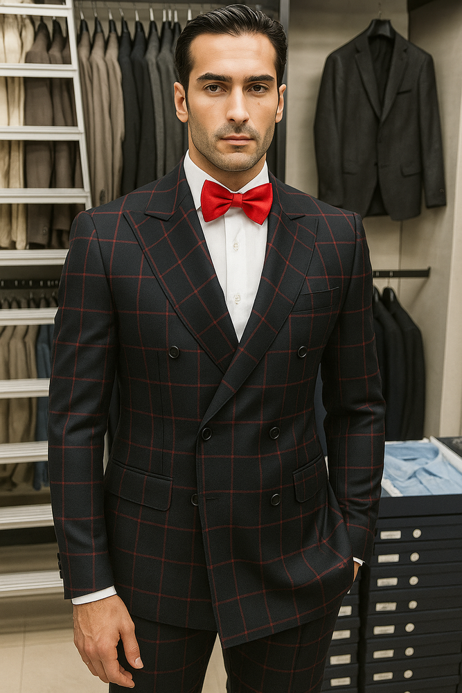 Double Breasted Suit in Black and Red Plaid Window Pane Suit - Gangster Suit 1920s Suit