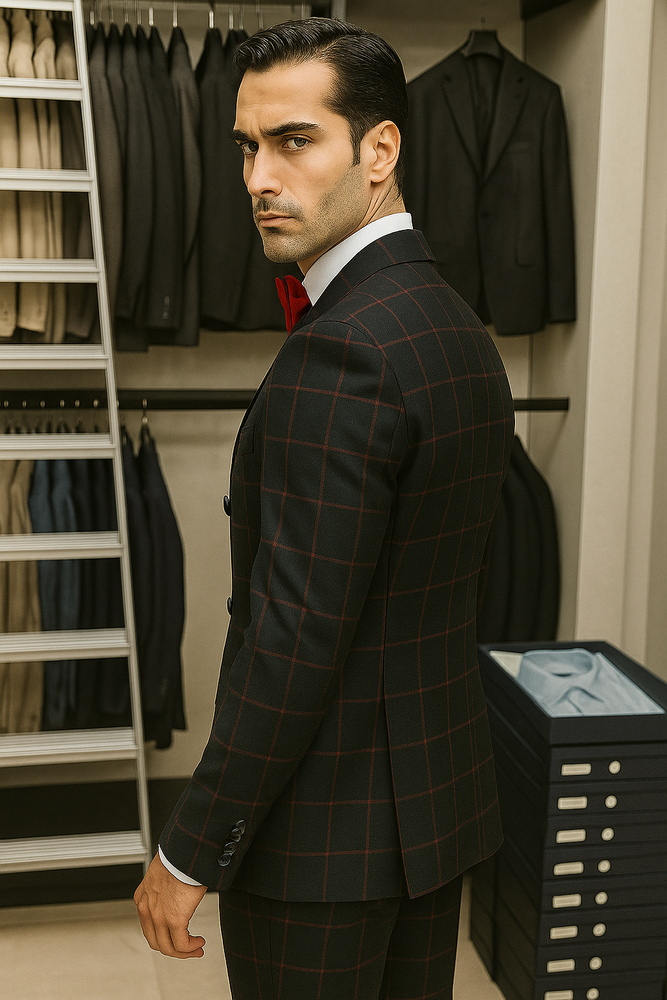 Double Breasted Suit in Black and Red Plaid Window Pane Suit - Gangster Suit 1920s Suit