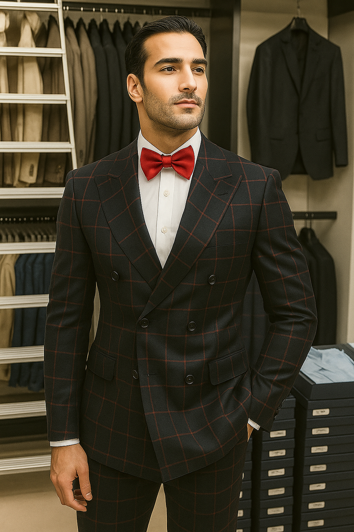Double Breasted Suit in Black and Red Plaid Window Pane Suit - Gangster Suit 1920s Suit