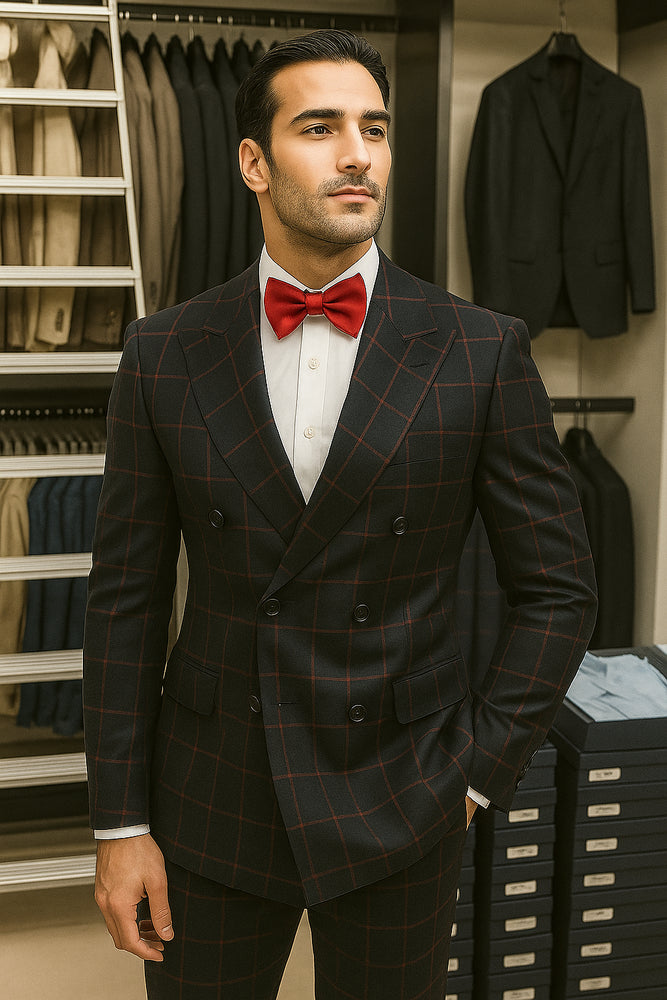 Double Breasted Suit in Black and Red Plaid Window Pane Suit - Gangster Suit 1920s Suit