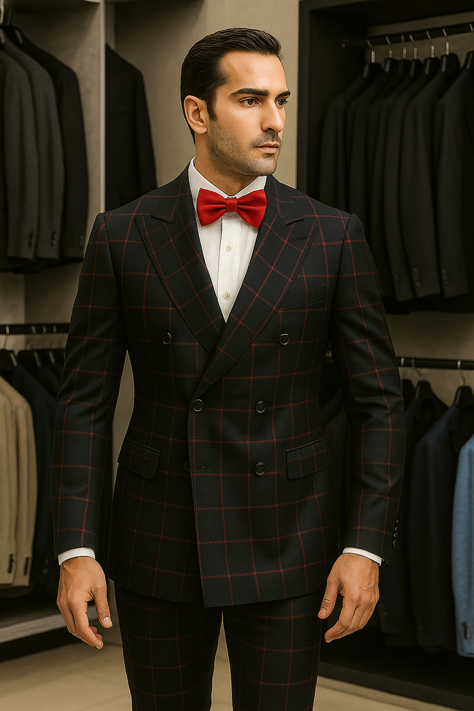 Double Breasted Suit in Black and Red Plaid Window Pane Suit - Gangster Suit 1920s Suit