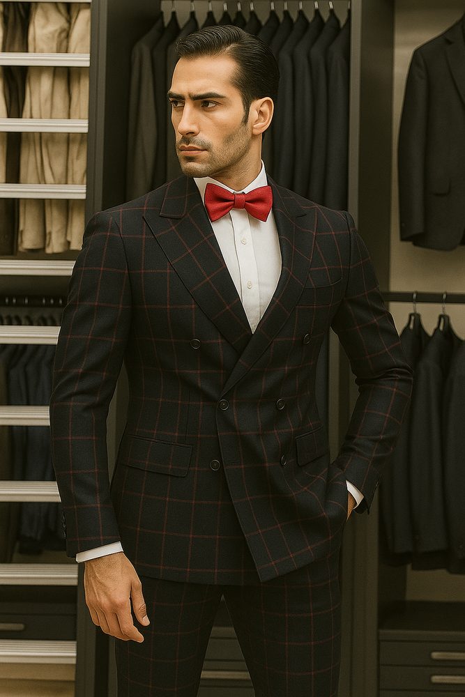 Double Breasted Suit in Black and Red Plaid Window Pane Suit - Gangster Suit 1920s Suit