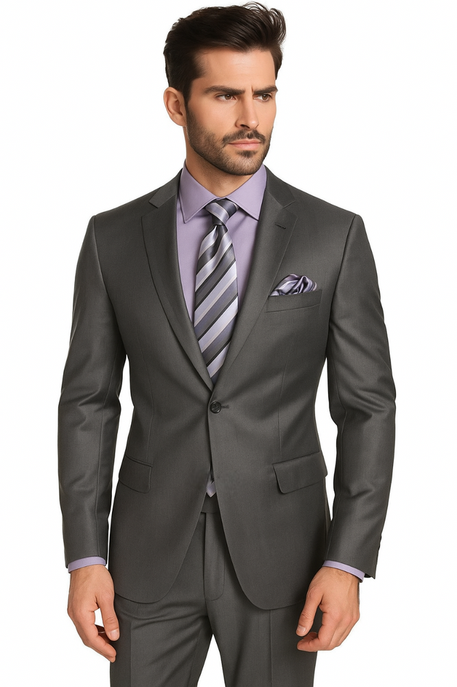 1 Button Peak Lapel Sharkskin Charcoal Wool and Silk Blend Flat Front Fitted Suit