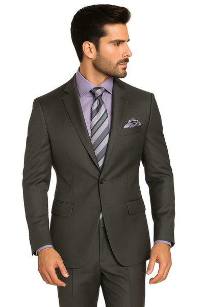 1 Button Peak Lapel Sharkskin Charcoal Wool and Silk Blend Flat Front Fitted Suit