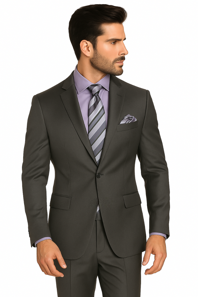 1 Button Peak Lapel Sharkskin Charcoal Wool and Silk Blend Flat Front Fitted Suit