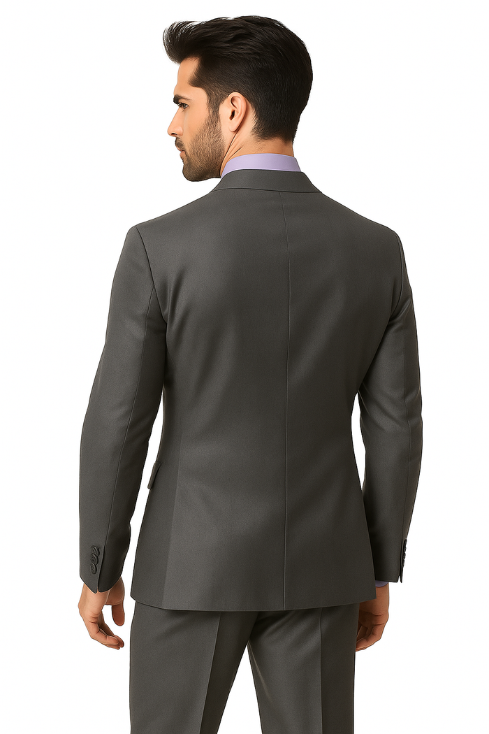 1 Button Peak Lapel Sharkskin Charcoal Wool and Silk Blend Flat Front Fitted Suit