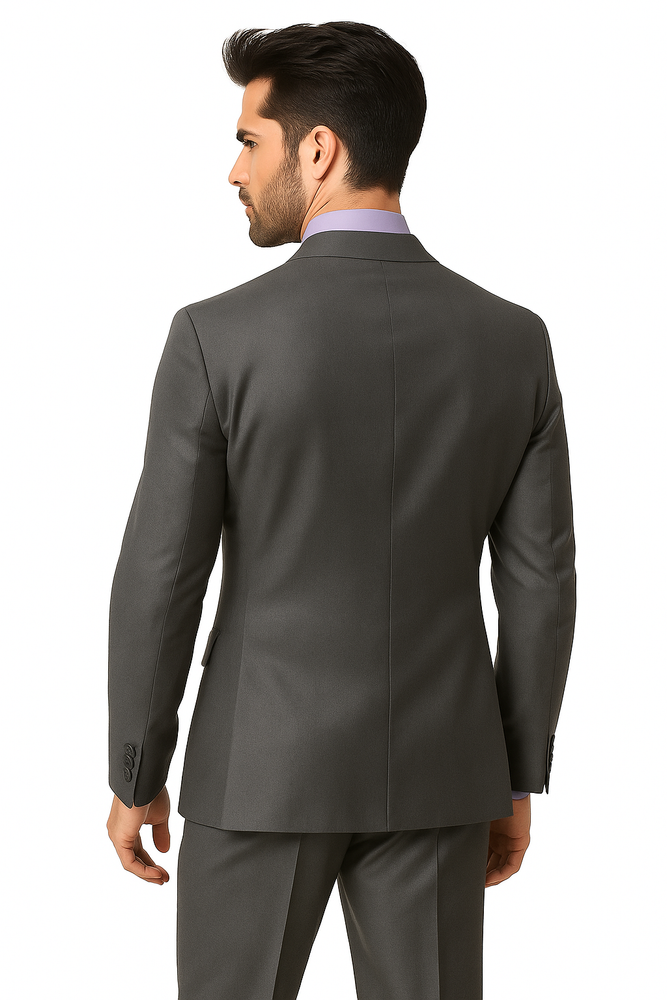 1 Button Peak Lapel Sharkskin Charcoal Wool and Silk Blend Flat Front Fitted Suit