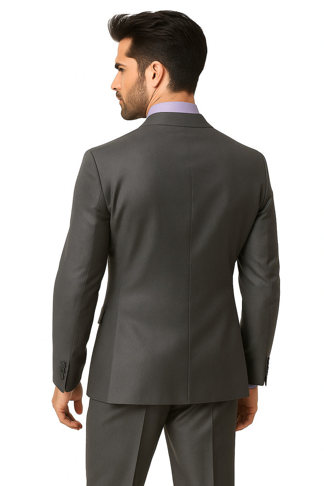 1 Button Peak Lapel Sharkskin Charcoal Wool and Silk Blend Flat Front Fitted Suit