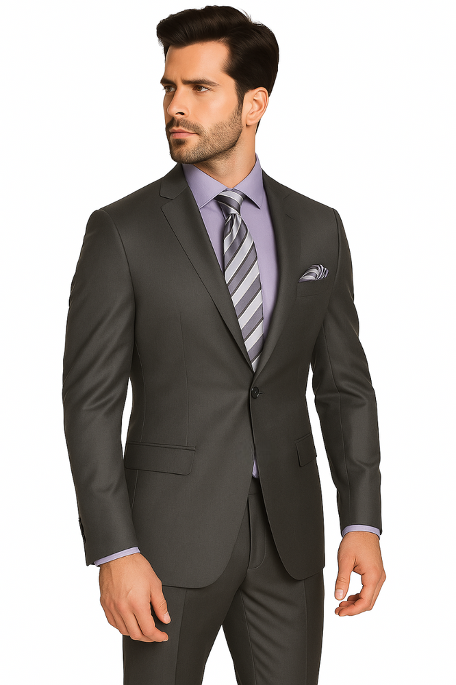 1 Button Peak Lapel Sharkskin Charcoal Wool and Silk Blend Flat Front Fitted Suit