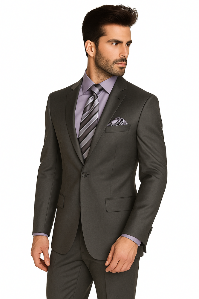 1 Button Peak Lapel Sharkskin Charcoal Wool and Silk Blend Flat Front Fitted Suit