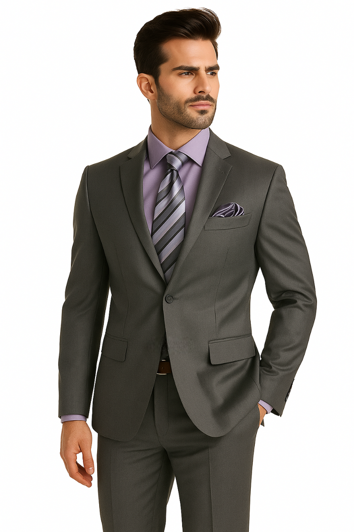 1 Button Peak Lapel Sharkskin Charcoal Wool and Silk Blend Flat Front Fitted Suit