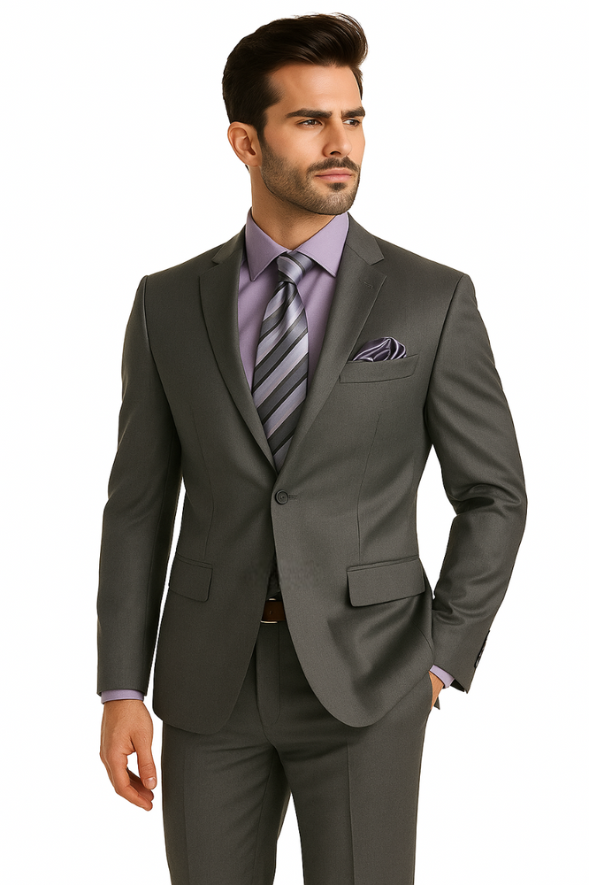 1 Button Peak Lapel Sharkskin Charcoal Wool and Silk Blend Flat Front Fitted Suit