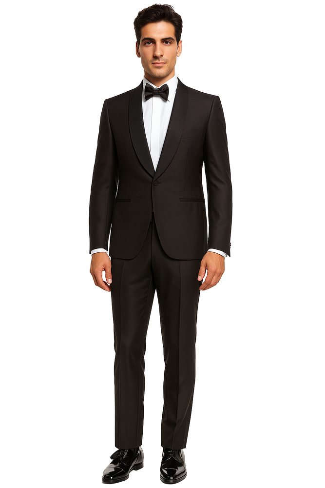 Men's Brown Grosgrain Shawl Collar Double Vent Tuxedo Suit Super 150's Wool Jacket + Pants Vest