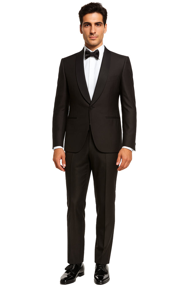 Men's Brown Grosgrain Shawl Collar Double Vent Tuxedo Suit Super 150's Wool Jacket + Pants Vest