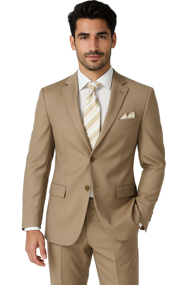Mens 2 Button Classic Fit Pleated Pant Suit in Khaki