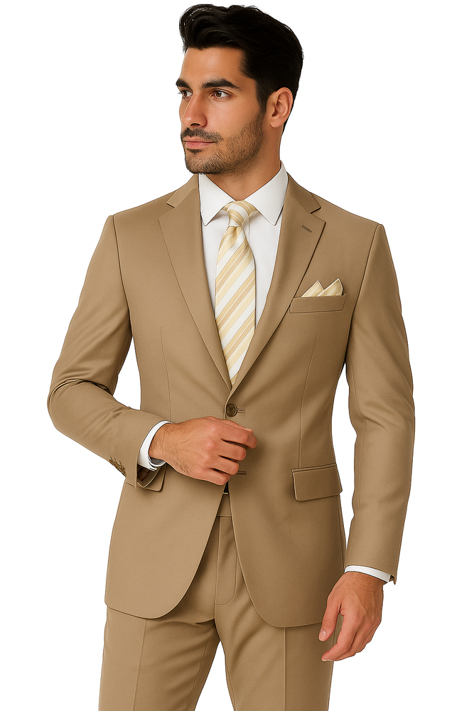 Mens 2 Button Classic Fit Pleated Pant Suit in Khaki