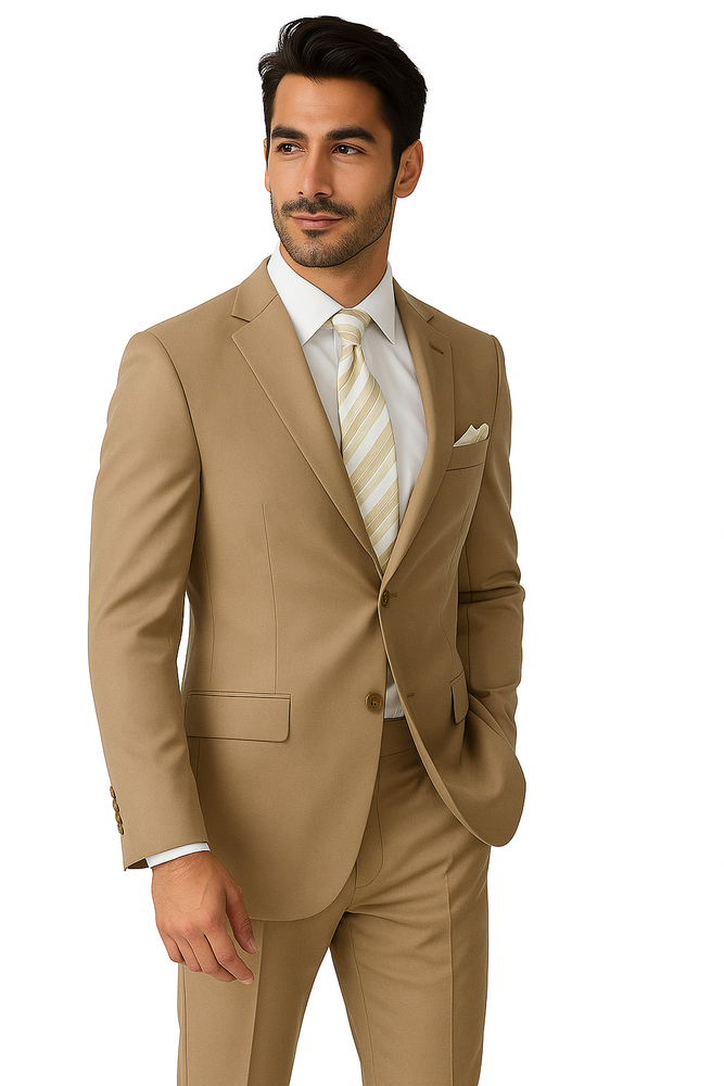 Mens 2 Button Classic Fit Pleated Pant Suit in Khaki