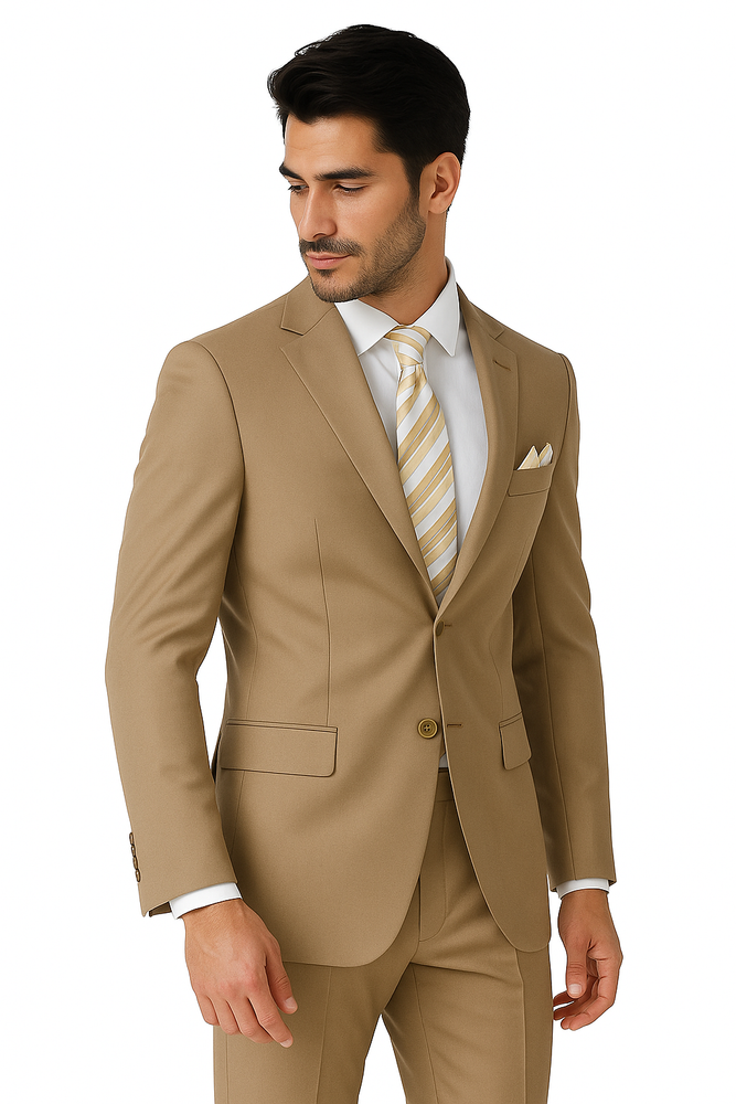 Mens 2 Button Classic Fit Pleated Pant Suit in Khaki