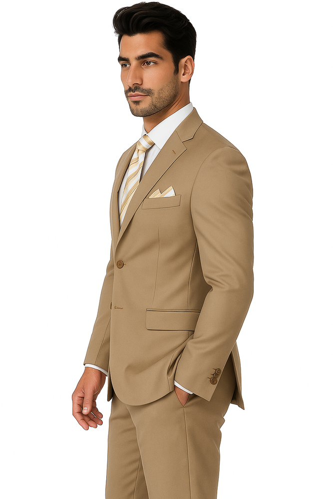 Mens 2 Button Classic Fit Pleated Pant Suit in Khaki